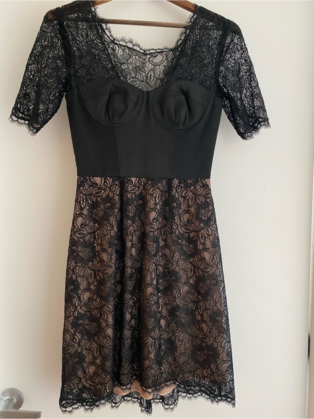 BCBGMaxAzria Black Lace Midi Dress with Nude Underlay